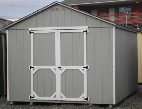 Pine Creek 10x12 Madison Peak with Light Gray walls, White trim and White shutters, and Pewter shingles